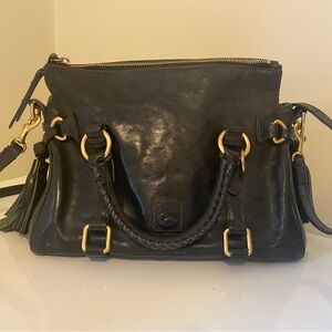Dooney & Bourke Black Leather Florentine Satchel Purse Medium Tassles Cross Body